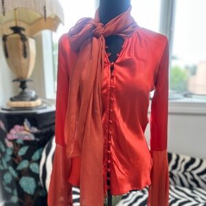 Vintage Roberto Cavalli orange long-sleeve button-up silk blouse